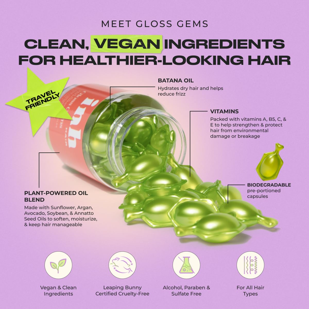 INH Hair Gloss Gems – Lightweight Hair Oil Capsules for Shine, Frizz Control, and Fragrance (35 Capsules)