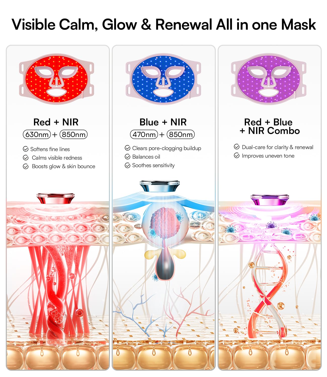 INIA Red Light Therapy Mask for Face - 4 Modes, 850nm NIR, Red & Blue LEDs, 2600mAh Rechargeable