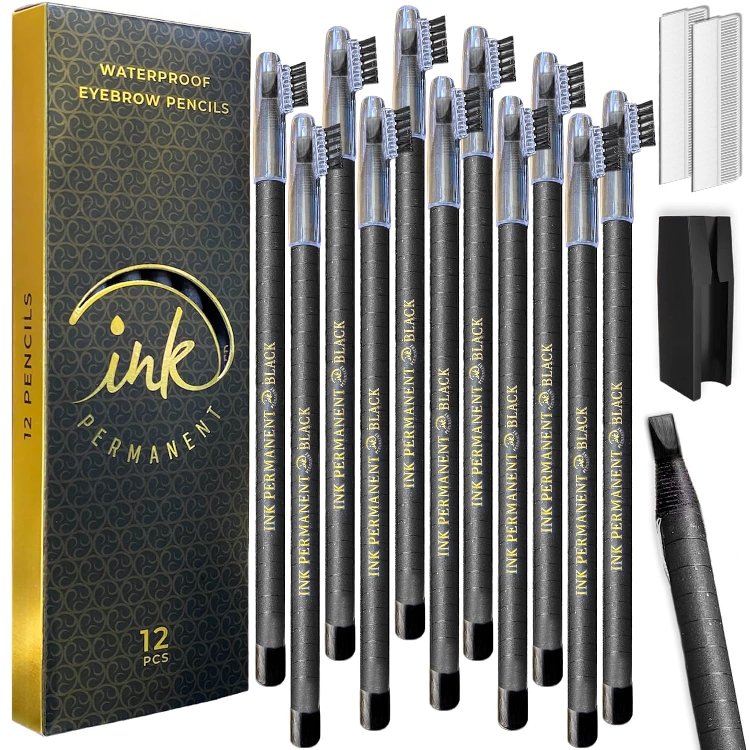 Ink Permanent 12 Pack Eyebrow Pencil & Microblading Mapping Kit – Brow Shaper, 10 Rulers, Sharpener (Light Brown)