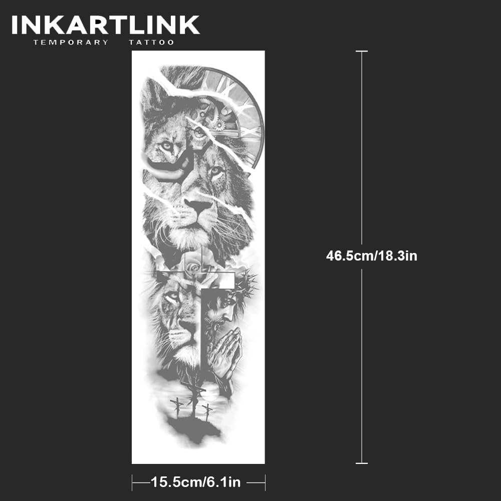 INKARTLINK Semi Permanent Tattoo — 2-Piece Full Arm Sleeve Set (Lion, Jesus) | Waterproof & Anti-Transfer