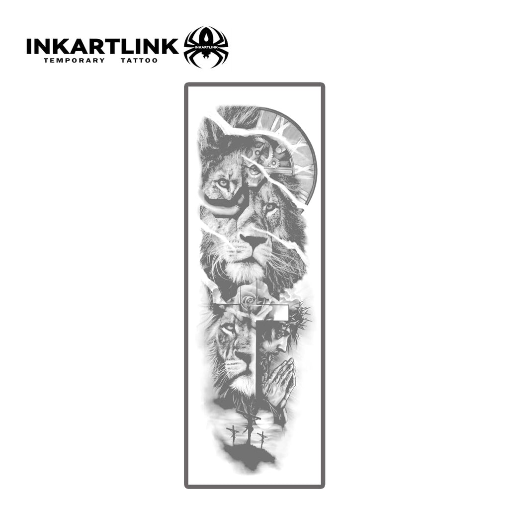 INKARTLINK Semi Permanent Tattoo — 2-Piece Full Arm Sleeve Set (Lion, Jesus) | Waterproof & Anti-Transfer