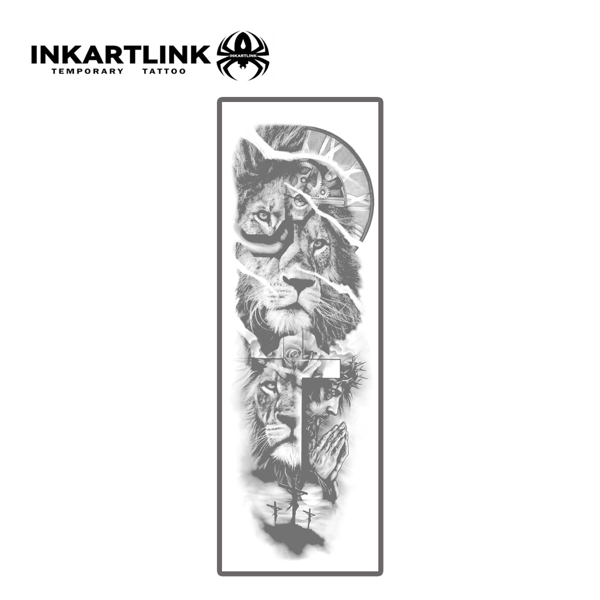 INKARTLINK Semi Permanent Tattoo — 2-Piece Full Arm Sleeve Set (Lion, Jesus) | Waterproof & Anti-Transfer