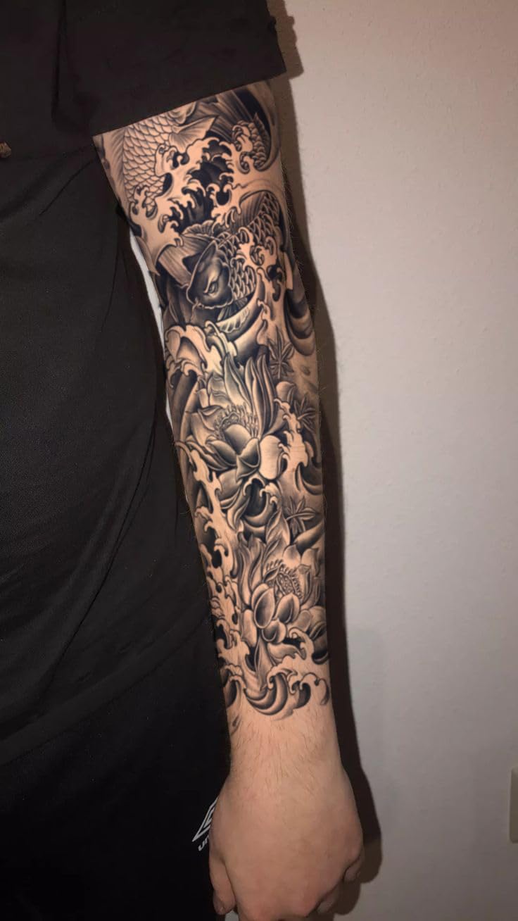 INKARTLINK Semi Permanent Tattoo – Koi & Lotus Arm Tattoo Set, 2-Piece with Anti-Transfer Sleeves