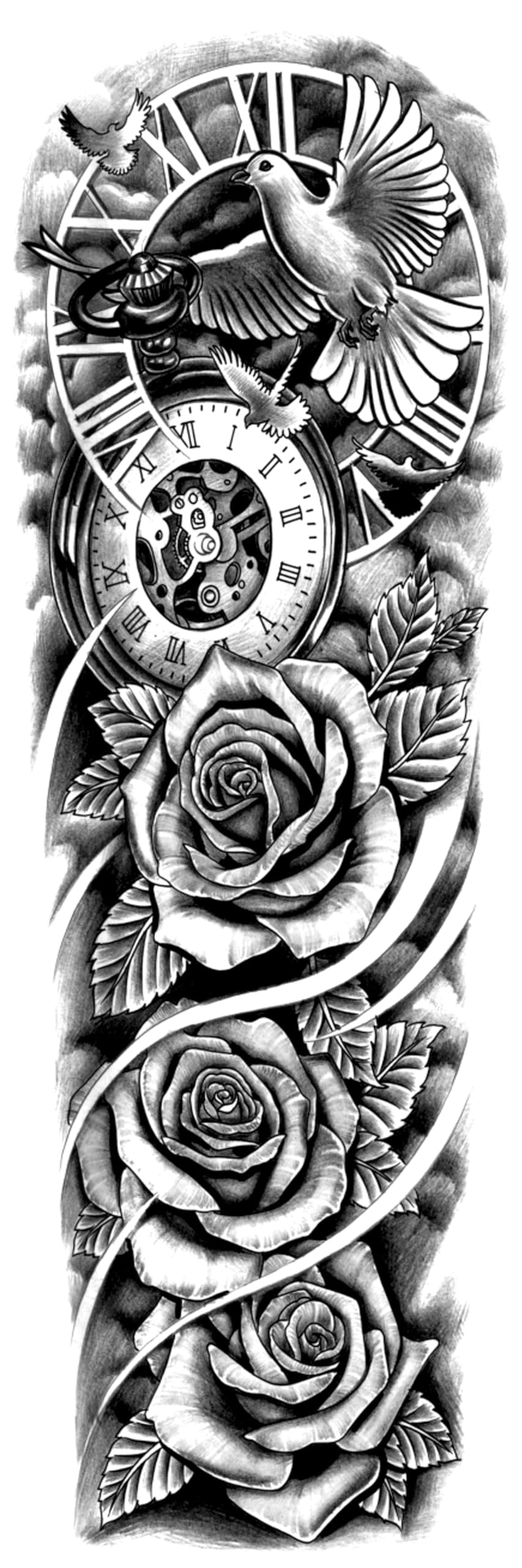 INKARTLINK Semi Permanent Tattoo – 2-Piece Full Arm Set with Anti-Transfer Sleeves | Waterproof, Lasts 7–15 Days (Rose, Dove of Peace, Clock)