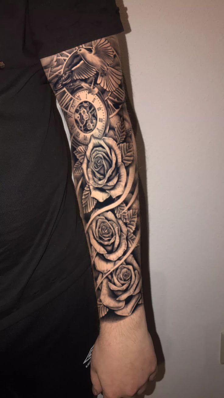 INKARTLINK Semi Permanent Tattoo – 2-Piece Full Arm Set with Anti-Transfer Sleeves | Waterproof, Lasts 7–15 Days (Rose, Dove of Peace, Clock)