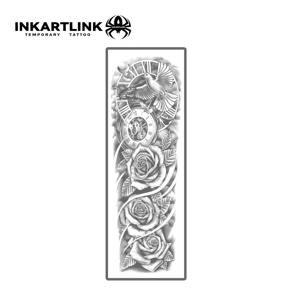 INKARTLINK Semi Permanent Tattoo – 2-Piece Full Arm Set with Anti-Transfer Sleeves | Waterproof, Lasts 7–15 Days (Rose, Dove of Peace, Clock)