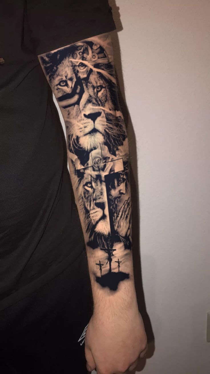 INKARTLINK Semi Permanent Tattoo — 2-Piece Full Arm Sleeve Set (Lion, Jesus) | Waterproof & Anti-Transfer
