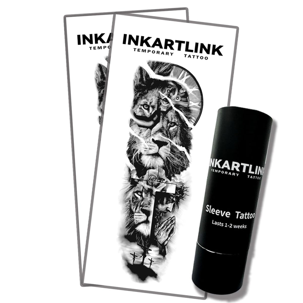 INKARTLINK Semi Permanent Tattoo — 2-Piece Full Arm Sleeve Set (Lion, Jesus) | Waterproof & Anti-Transfer