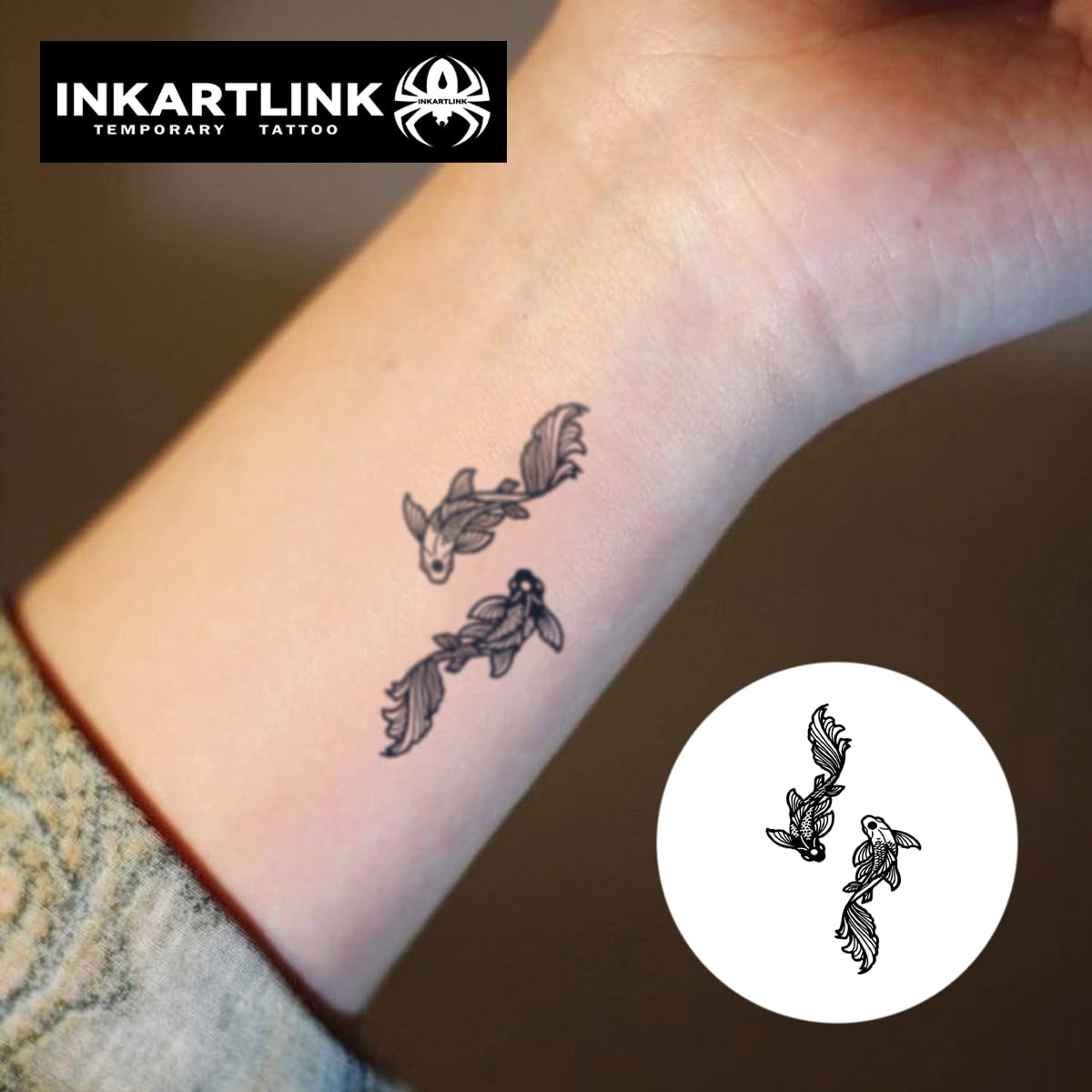 INKARTLINK Semi-Permanent Tattoos – Goldfish Trio, Realistic, Waterproof, Lasts 7–14 Days