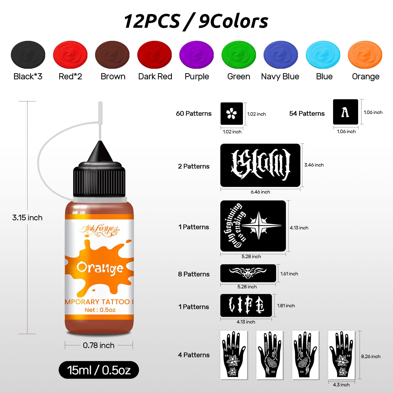 InkForge 12 Bottles Temporary Tattoo Ink Kit – 9 Colors, 130 Stencils