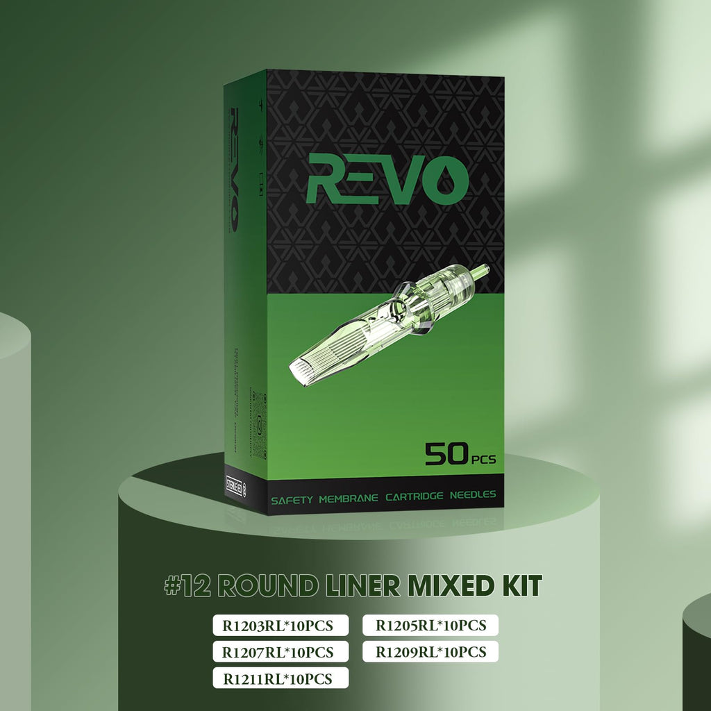 INKin Revo Tattoo Cartridge Needles – 50Pcs Mixed 3RL/5RL/7RL/9RL/11RL & 12 Standard 0.35mm Round Liner, Disposable Cartridges