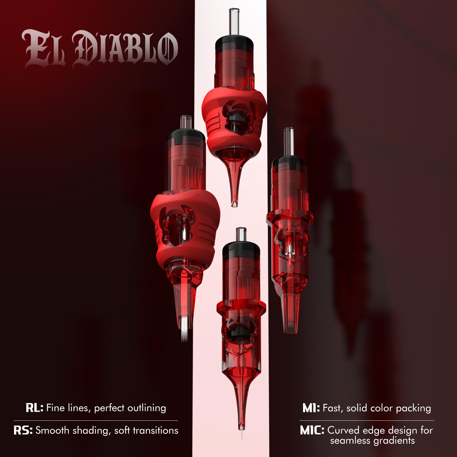 INKin 3RL Tattoo Cartridges #12 Standard 0.35mm – EL Diablo with Silicone Grip, 13mm Extended Tip, Precise Lining