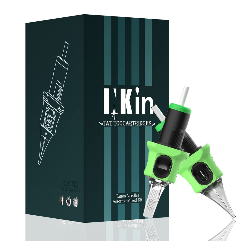 INKIN Tattoo Needles Assorted Curved Magnum 40Pcs | #10 Mixed (5RM 7RM 9RM 13RM 15RM) with Finger Ledge & Safety Membrane