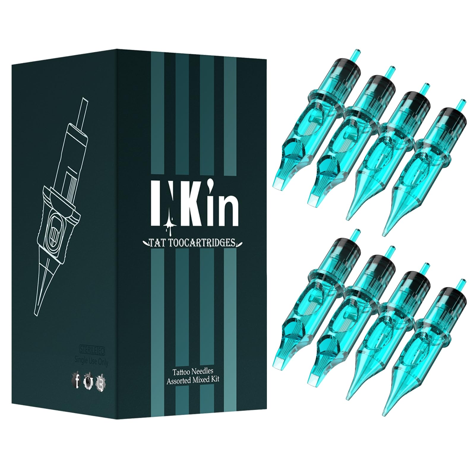 INKin Tattoo Needles Assorted 50pcs #12 Mixed 3RL/5RL/7RL/9RL/14RL Cartridges – Durable, Stable, Sterilized