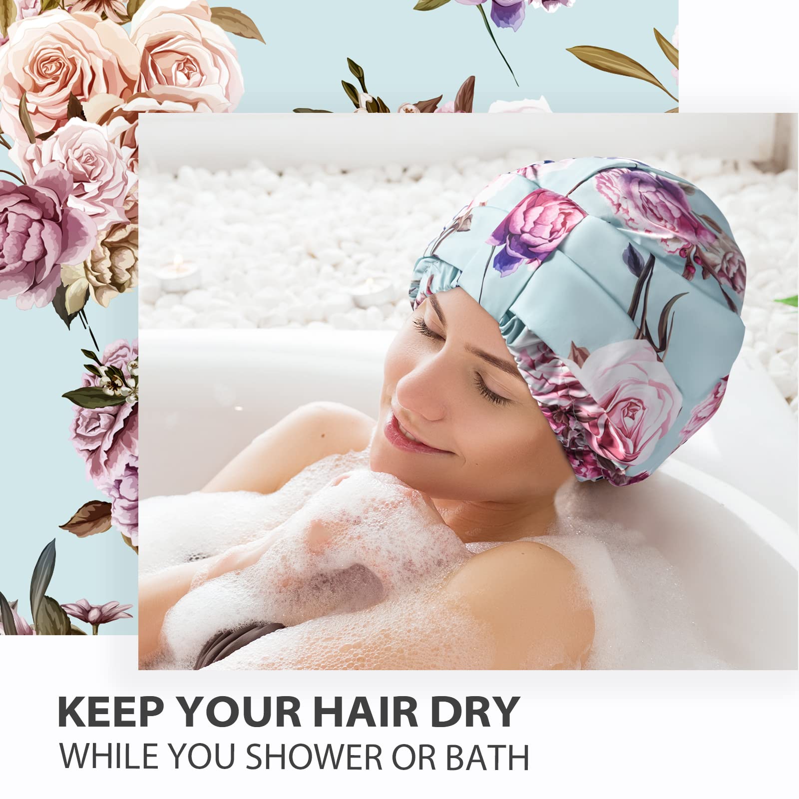 INNELO Luxury Shower Cap for Women – Reusable Waterproof Double-Layer, Satin Lined, Adjustable Elastic Strap, Large Fit, Green-Flower