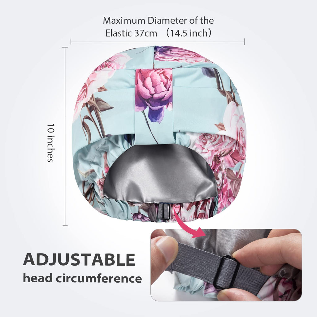 INNELO Luxury Shower Cap for Women – Reusable Waterproof Double-Layer, Satin Lined, Adjustable Elastic Strap, Large Fit, Green-Flower