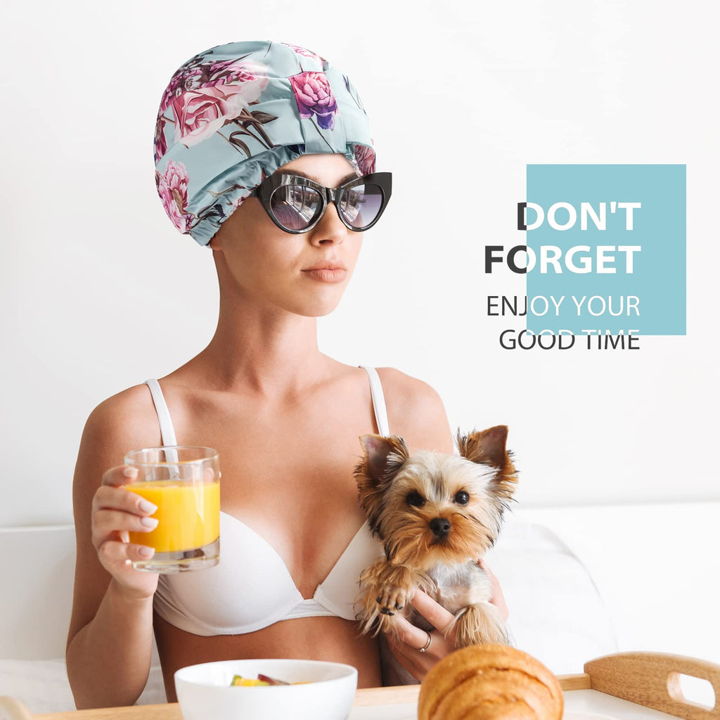 INNELO Luxury Shower Cap for Women – Reusable Waterproof Double-Layer, Satin Lined, Adjustable Elastic Strap, Large Fit, Green-Flower