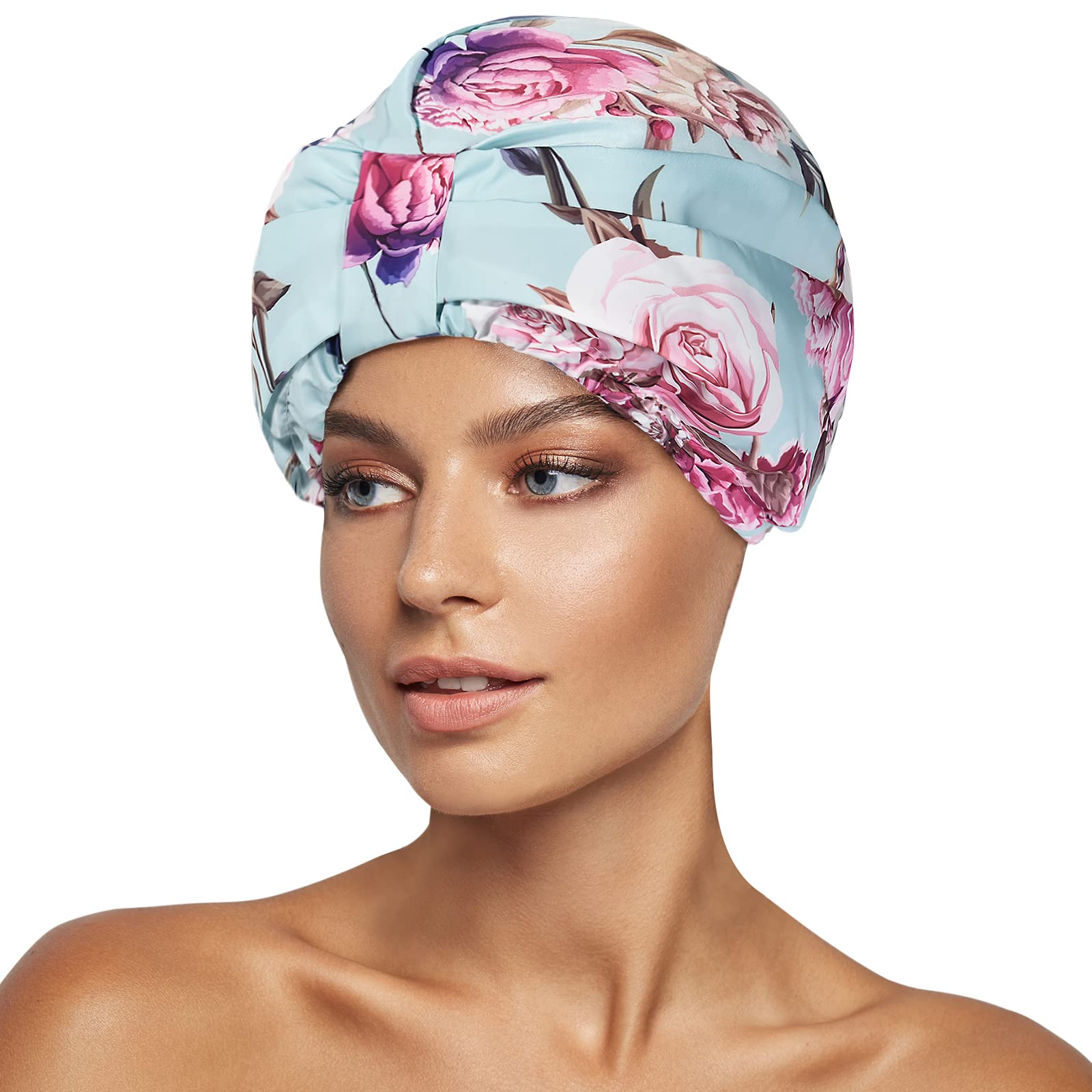 INNELO Luxury Shower Cap for Women – Reusable Waterproof Double-Layer, Satin Lined, Adjustable Elastic Strap, Large Fit, Green-Flower