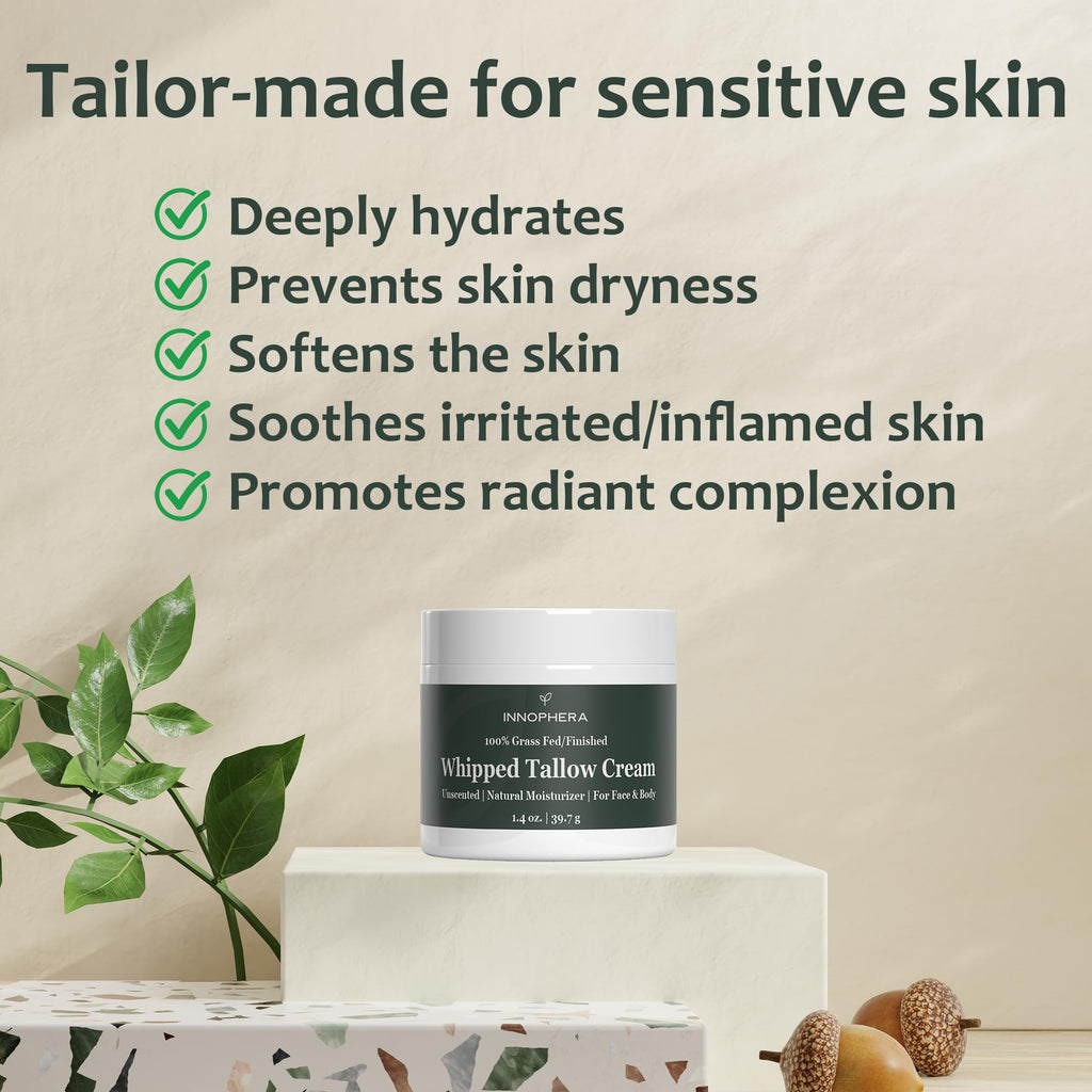 Innophera Whipped Beef Tallow Cream – 100% Natural, Grass-Fed, Unscented Moisturizer for Sensitive Skin