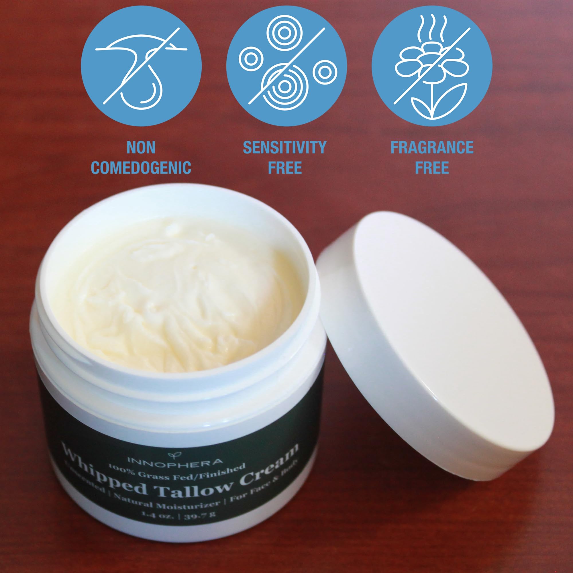 Innophera Whipped Beef Tallow Cream – 100% Natural, Grass-Fed, Unscented Moisturizer for Sensitive Skin