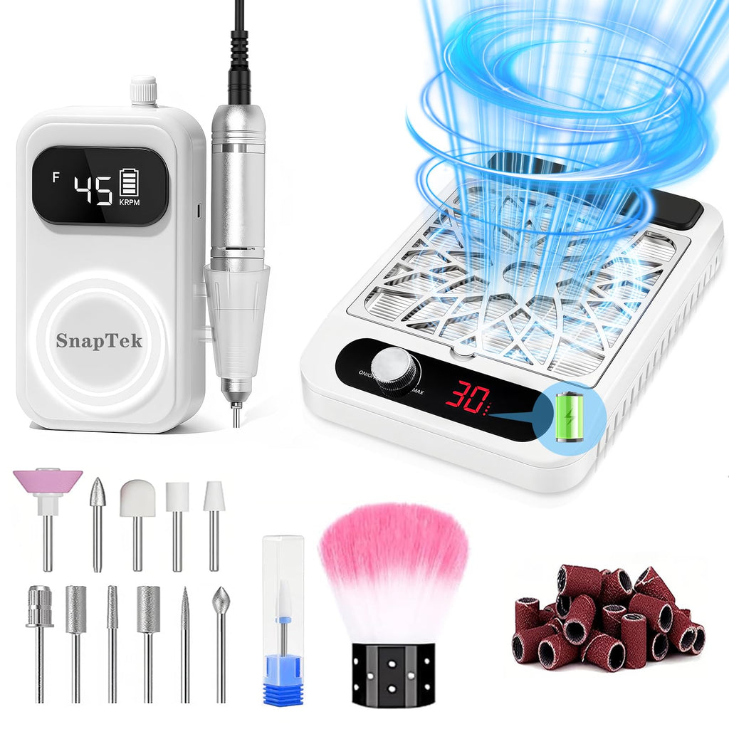 Innoworld Portable Electric Nail Drill Kit & Dust Collector – 45,000 RPM Nail Filer, 3,700 RPM Vacuum, 12 Bits & Accessories