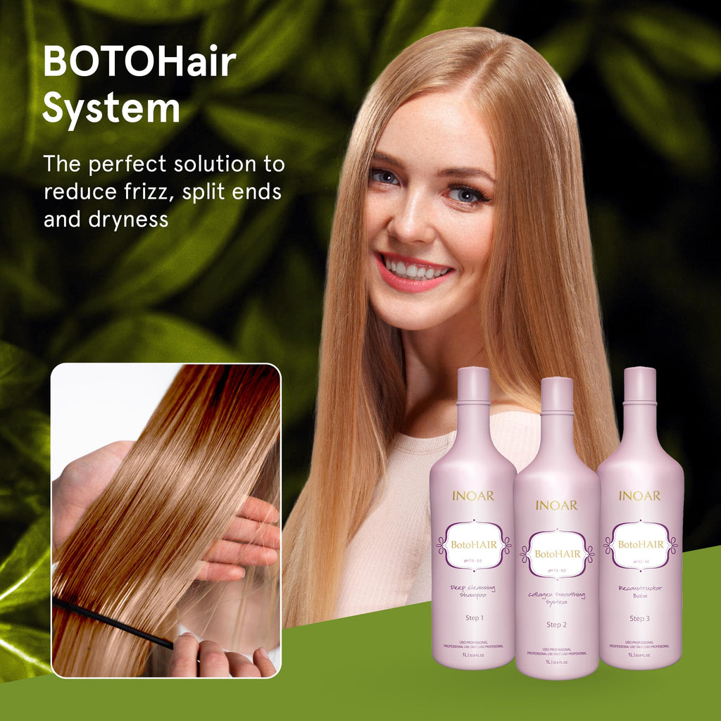 INOAR BotoHair Collagen Smoothing System with Keratin — Deep Cleansing Shampoo, Reconstructor Balm, 33.8 fl oz Each