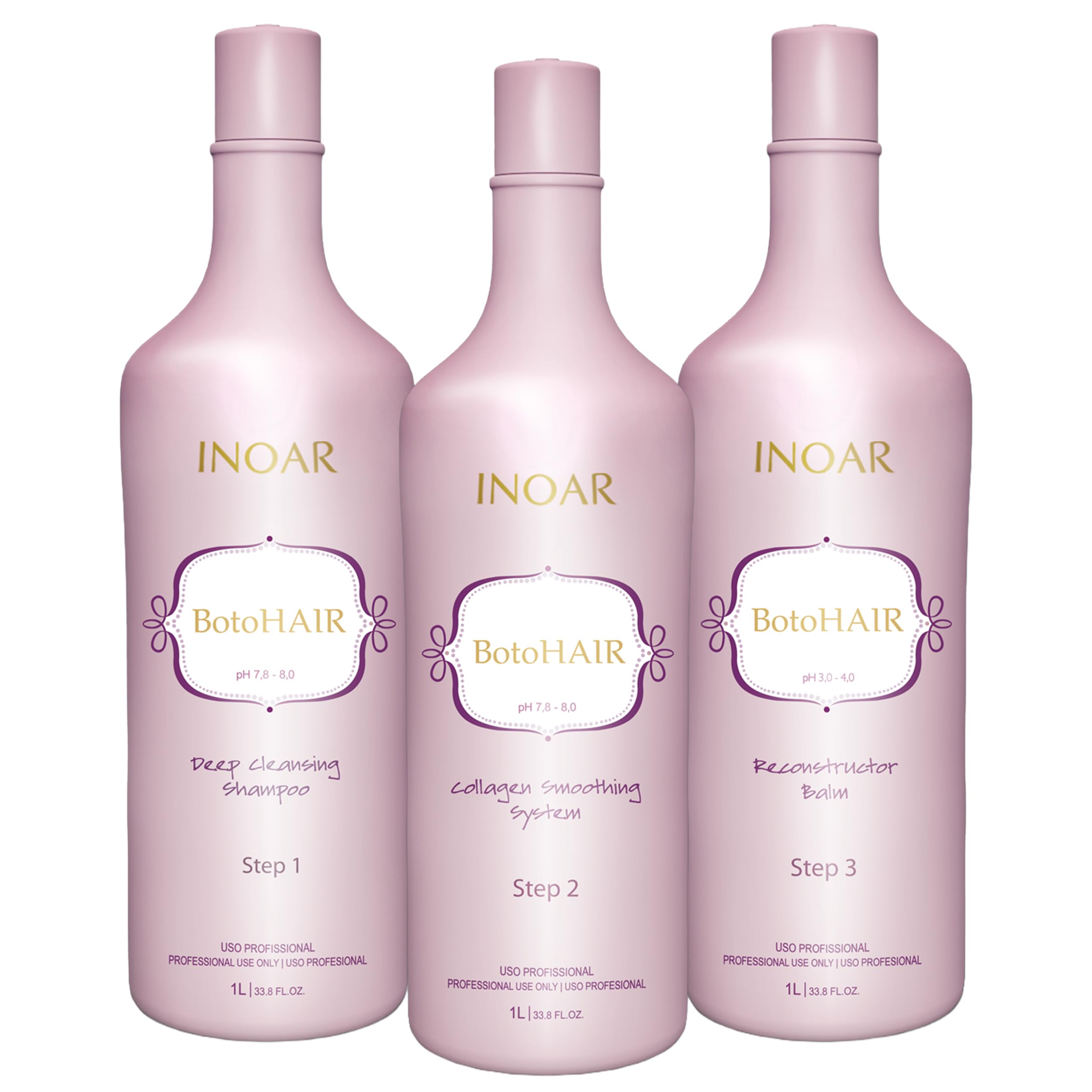 INOAR BotoHair Collagen Smoothing System with Keratin — Deep Cleansing Shampoo, Reconstructor Balm, 33.8 fl oz Each