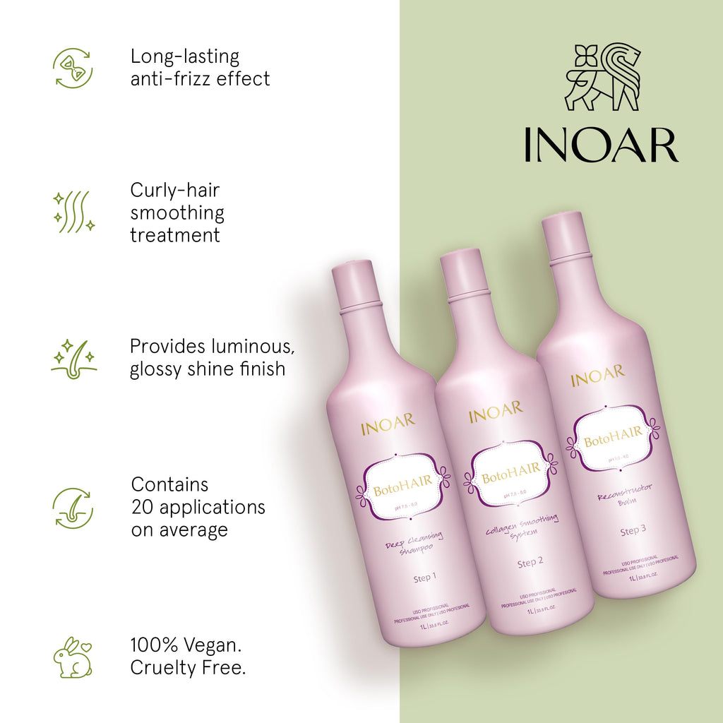 INOAR BotoHair Collagen Smoothing System with Keratin — Deep Cleansing Shampoo, Reconstructor Balm, 33.8 fl oz Each