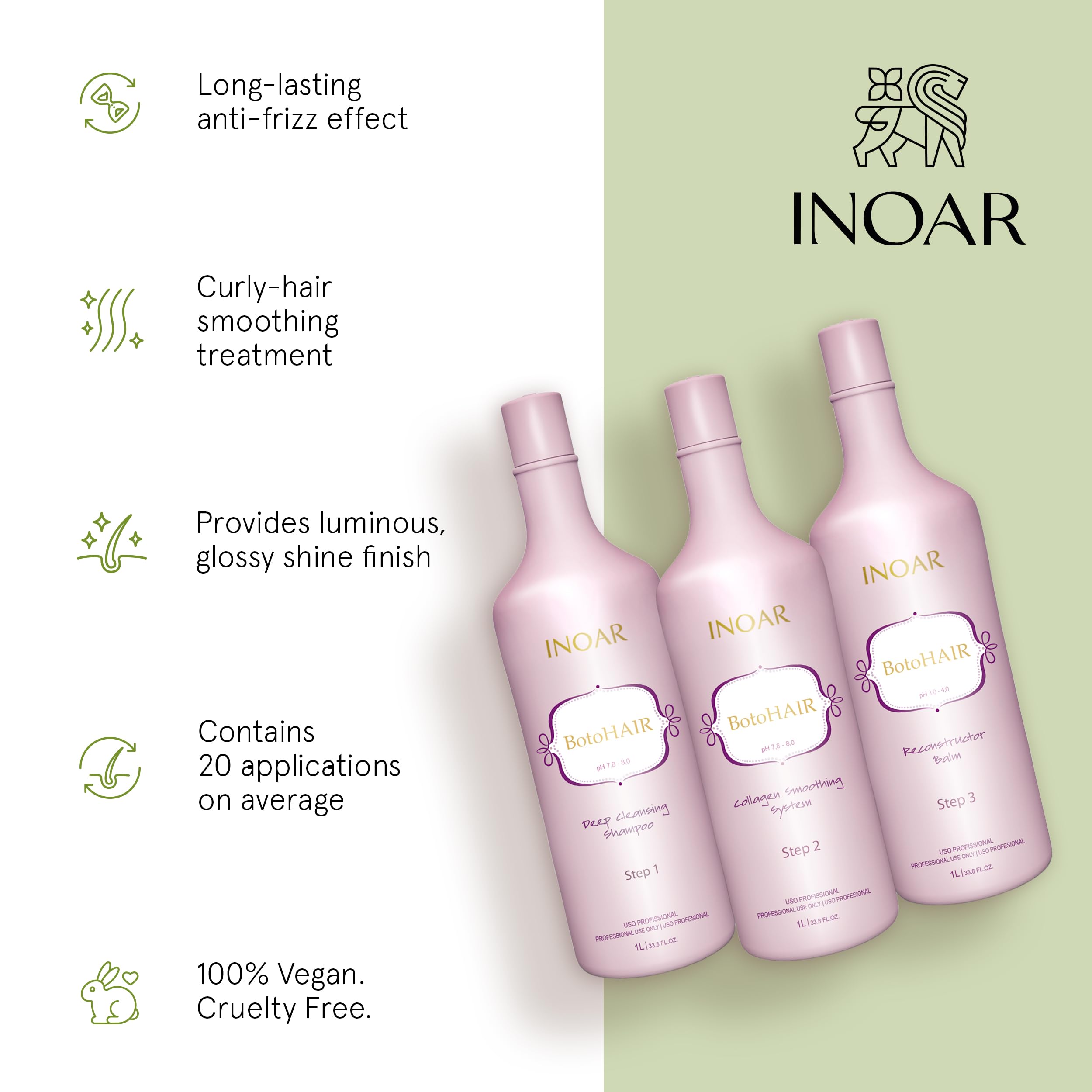 INOAR BotoHair Collagen Smoothing System with Keratin — Deep Cleansing Shampoo, Reconstructor Balm, 33.8 fl oz Each