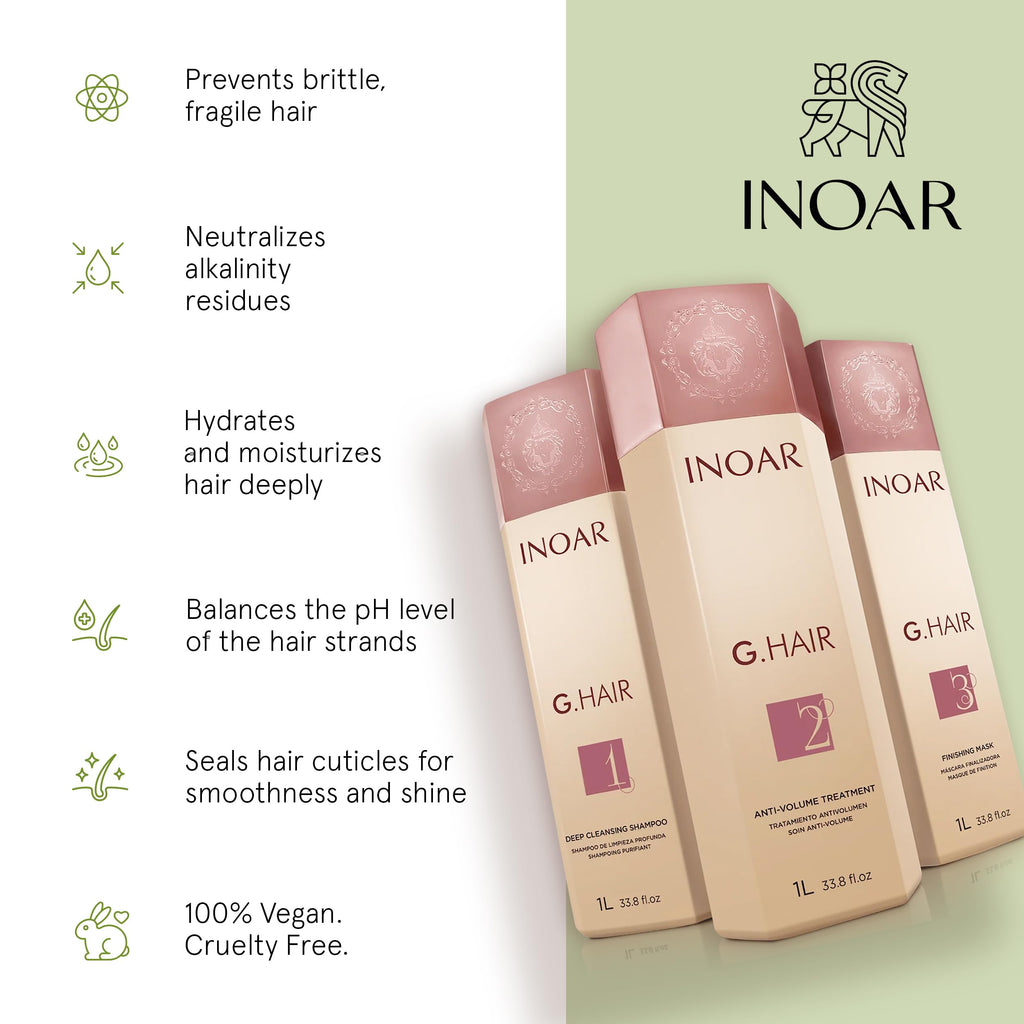 INOAR G.Hair Keratin Smoothing System Set — Deep Cleansing Shampoo, Smoothing Treatment & Finishing Mask (33.8 fl oz each)
