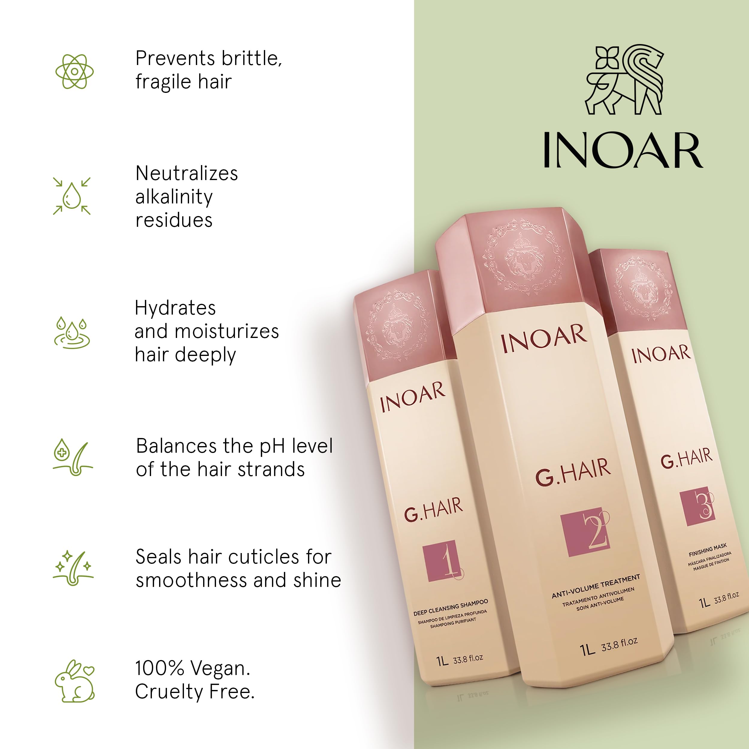 INOAR G.Hair Keratin Smoothing System Set — Deep Cleansing Shampoo, Smoothing Treatment & Finishing Mask (33.8 fl oz each)