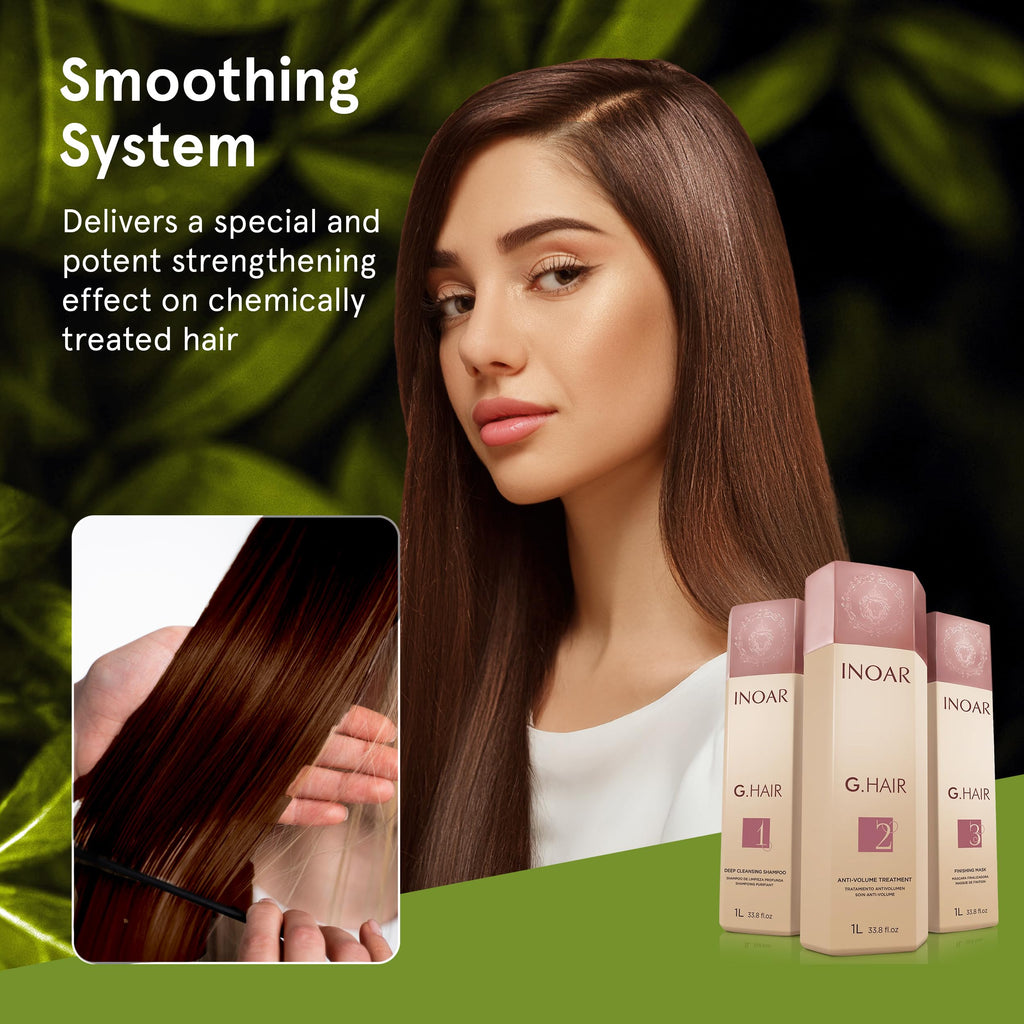 INOAR G.Hair Keratin Smoothing System Set — Deep Cleansing Shampoo, Smoothing Treatment & Finishing Mask (33.8 fl oz each)