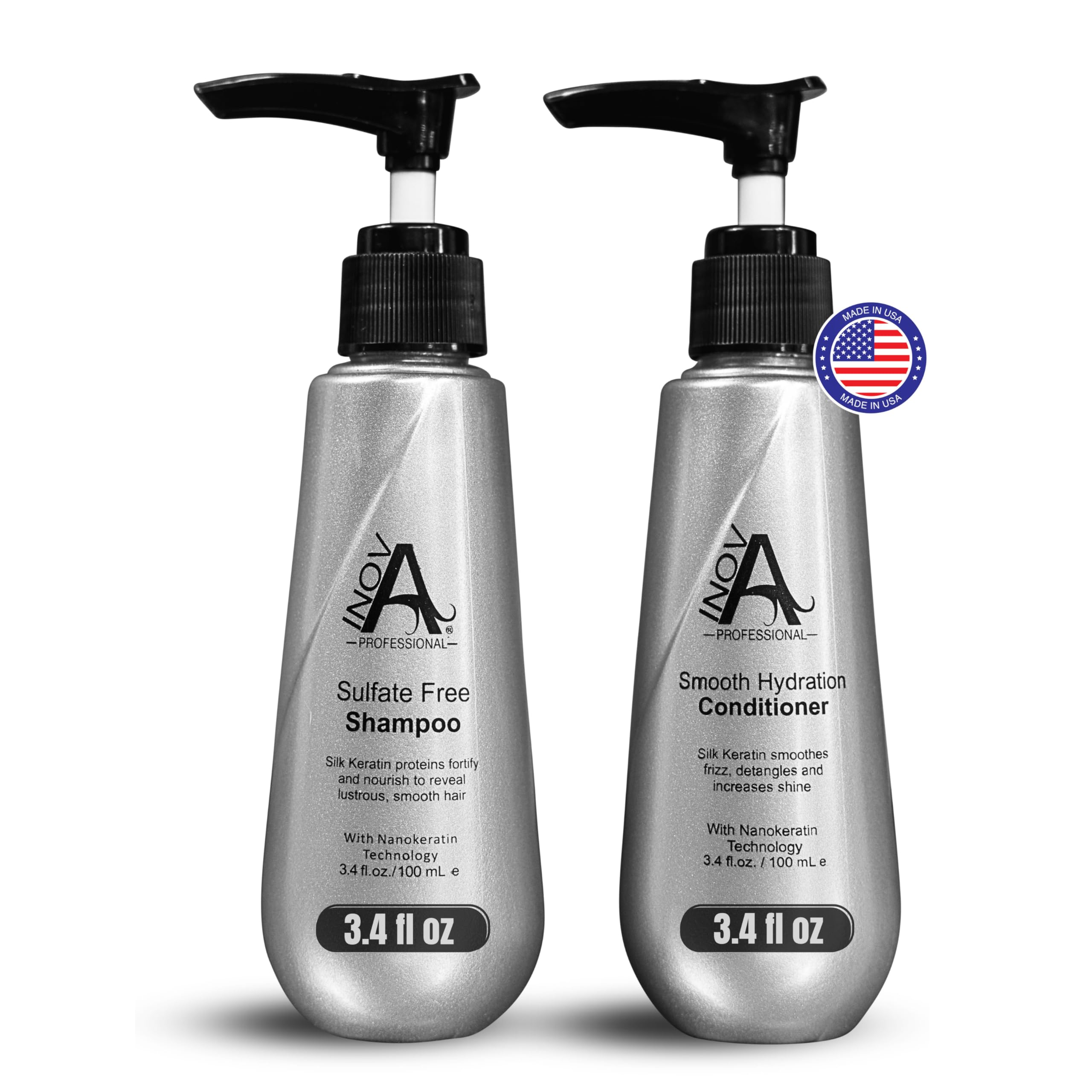 Inova Professional Silk Keratin Shampoo & Conditioner Set — Sulfate-Free, Color-Safe, Gray, 3.4 fl oz