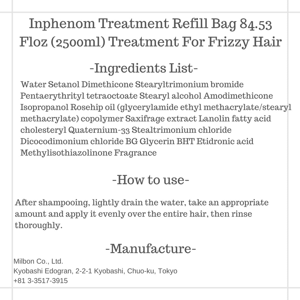 Inphenom Frizzy Hair Treatment Refill Bag – 84.53 Fl Oz (2500 ml) Japanese Formula