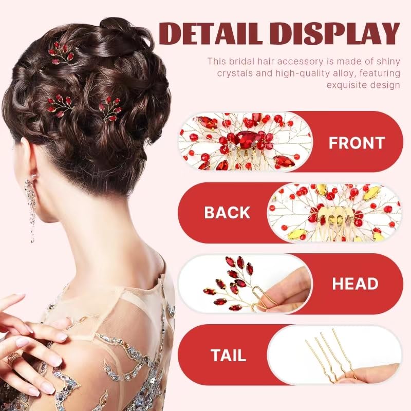 inSowni 7-Piece Vintage Red Crystal Hair Side Comb & U-Shaped Pins – Bridal Prom Wedding Accessories