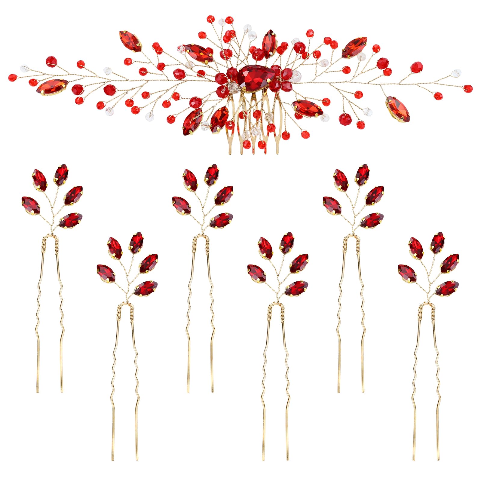 inSowni 7-Piece Vintage Red Crystal Hair Side Comb & U-Shaped Pins – Bridal Prom Wedding Accessories