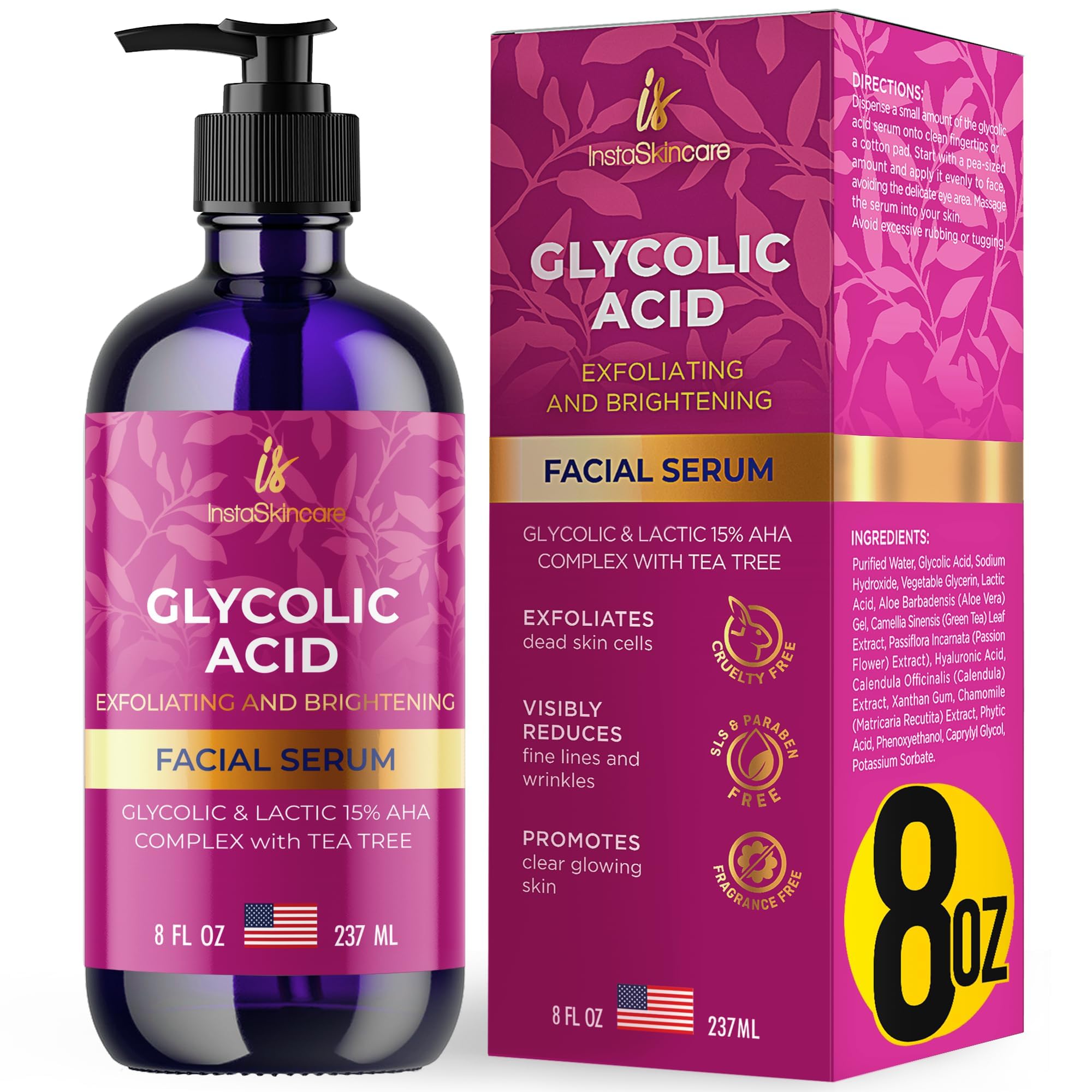 InstaSkincare Glycolic Acid Serum 15% – Extra Large 8oz for Radiant Skin