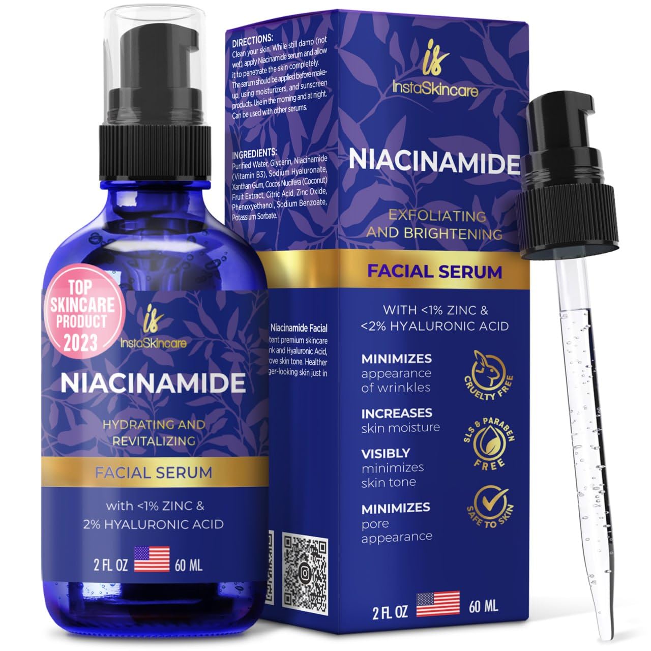 InstaSkincare Niacinamide Serum 2oz – 10% Niacinamide + 1% Zinc for Brightening, Hydration & Even Tone