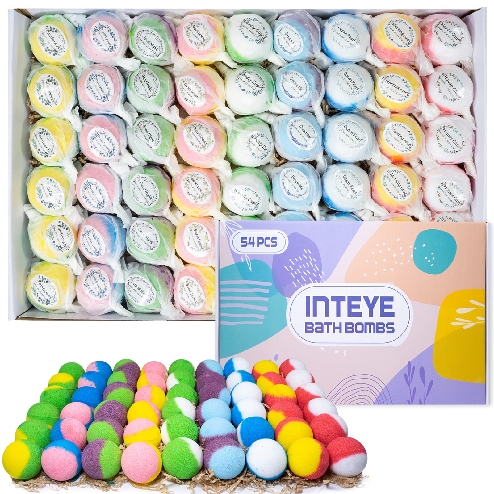 INTEYE Luxury Bath Bombs Gift Set – 54pc, 9 Aromas, Spa-Quality Minerals