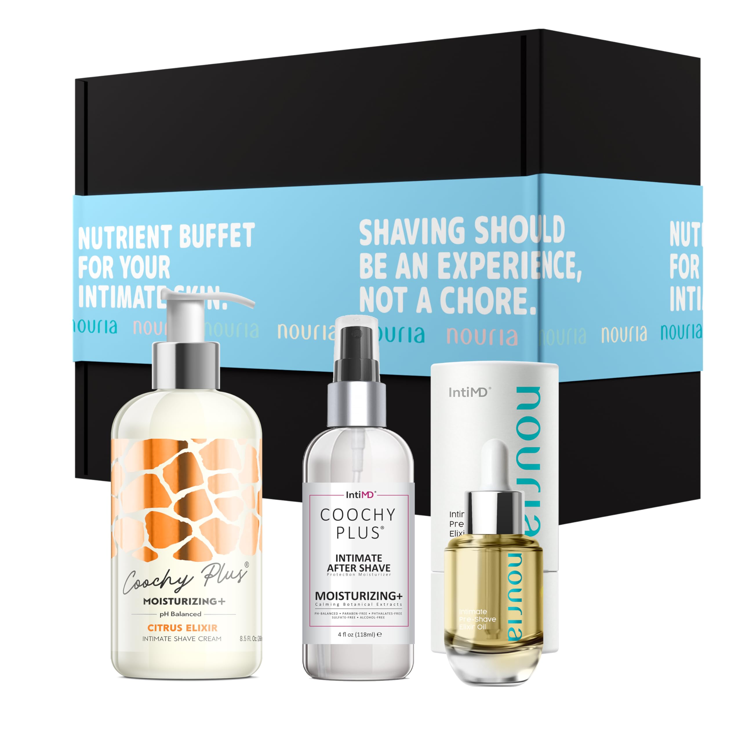 IntiMD Coochy Plus HydroLock Moisturizing 3-Step Shaving Kit | Nouria Pre-Shave Elixir Oil + Citrus Shave Cream + After Shave Mist