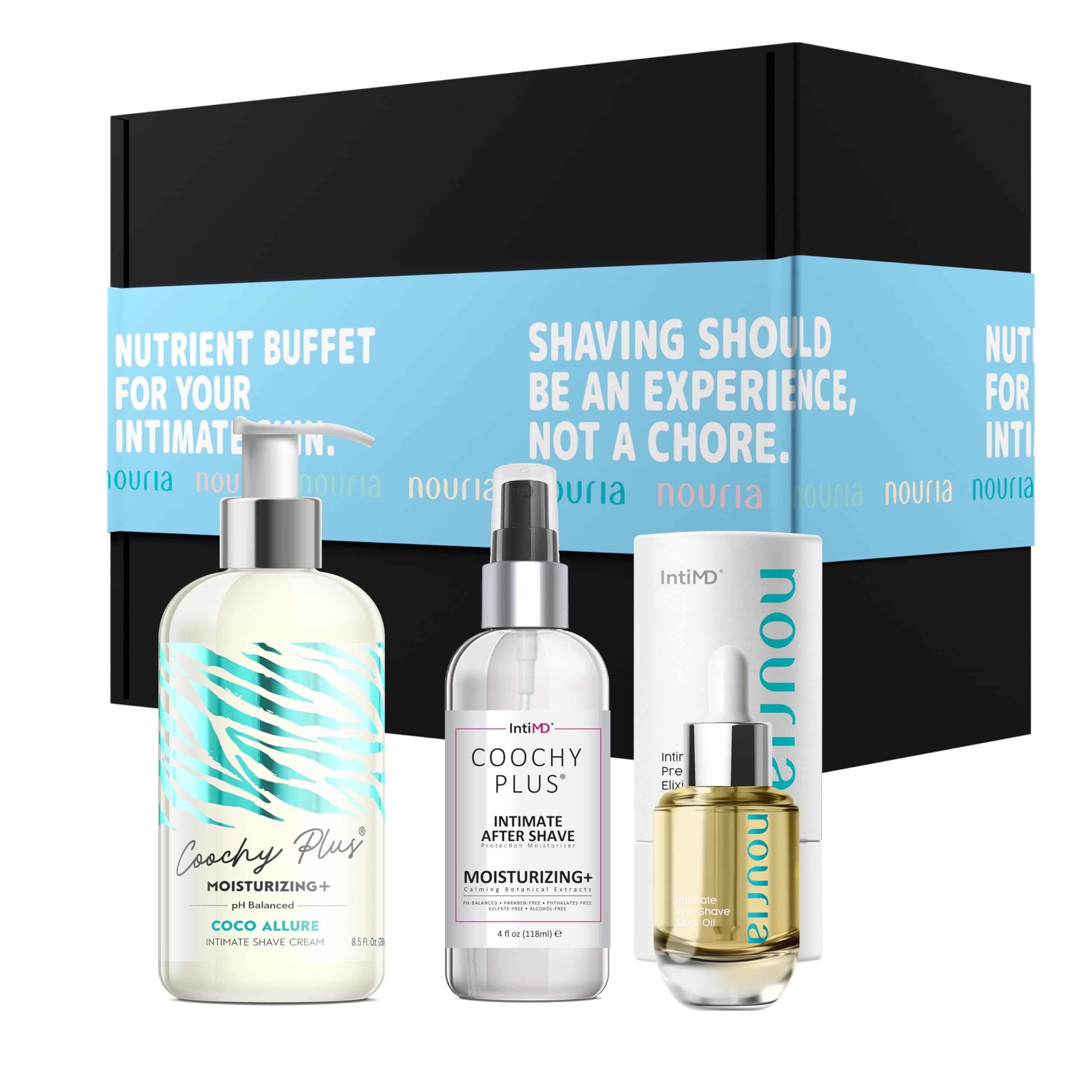 IntiMD Coochy Plus HydroLock 3-Step Shave Gift Set | Nouria Pre-Shave Elixir Oil, Coco Allure Shave Cream, After Shave Mist