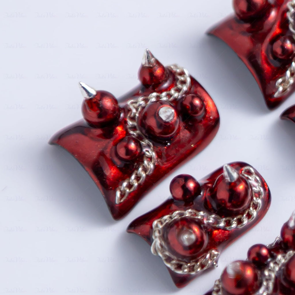 IntoVibes 10-Piece Luxury Acrylic Press-On Nails – Short Duck Shape, Red Gloss, Punk Rivets & Chains, Reusable