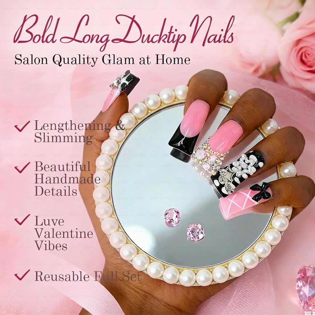 IntoVibes 10-Piece Luxury Acrylic Press On Nails — Long Duck Shape with 3D Bowknot & Stars, Reusable