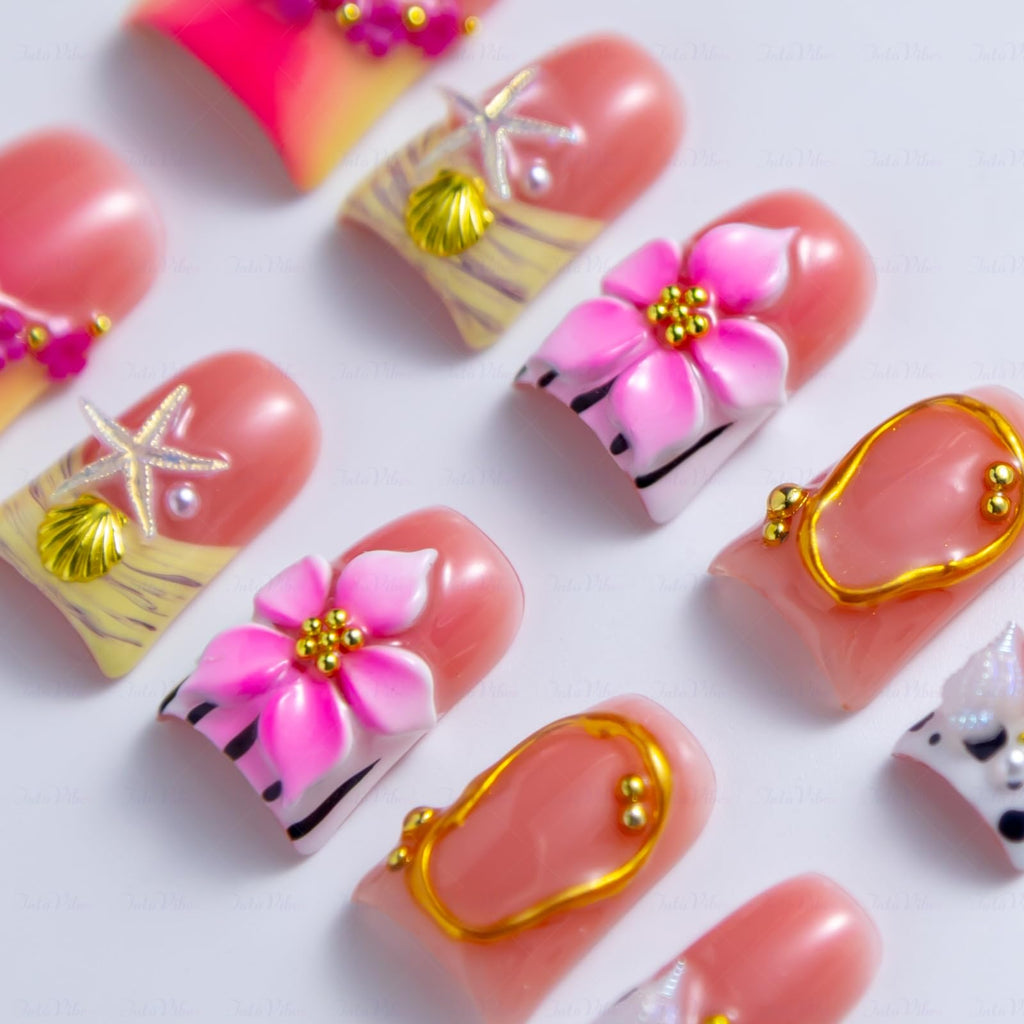 IntoVibes 10-Piece Luxury Acrylic Press-On Nails – Short Duck Shape, Pink French, 3D Flowers & Shells, Reusable
