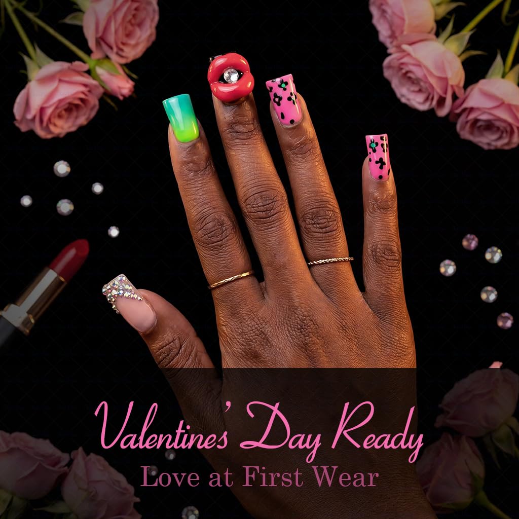 IntoVibes 10 Pcs Luxury Acrylic Press On Nails – Short Duck Shape, Leopard Print & 3D Red Lip Design (L)