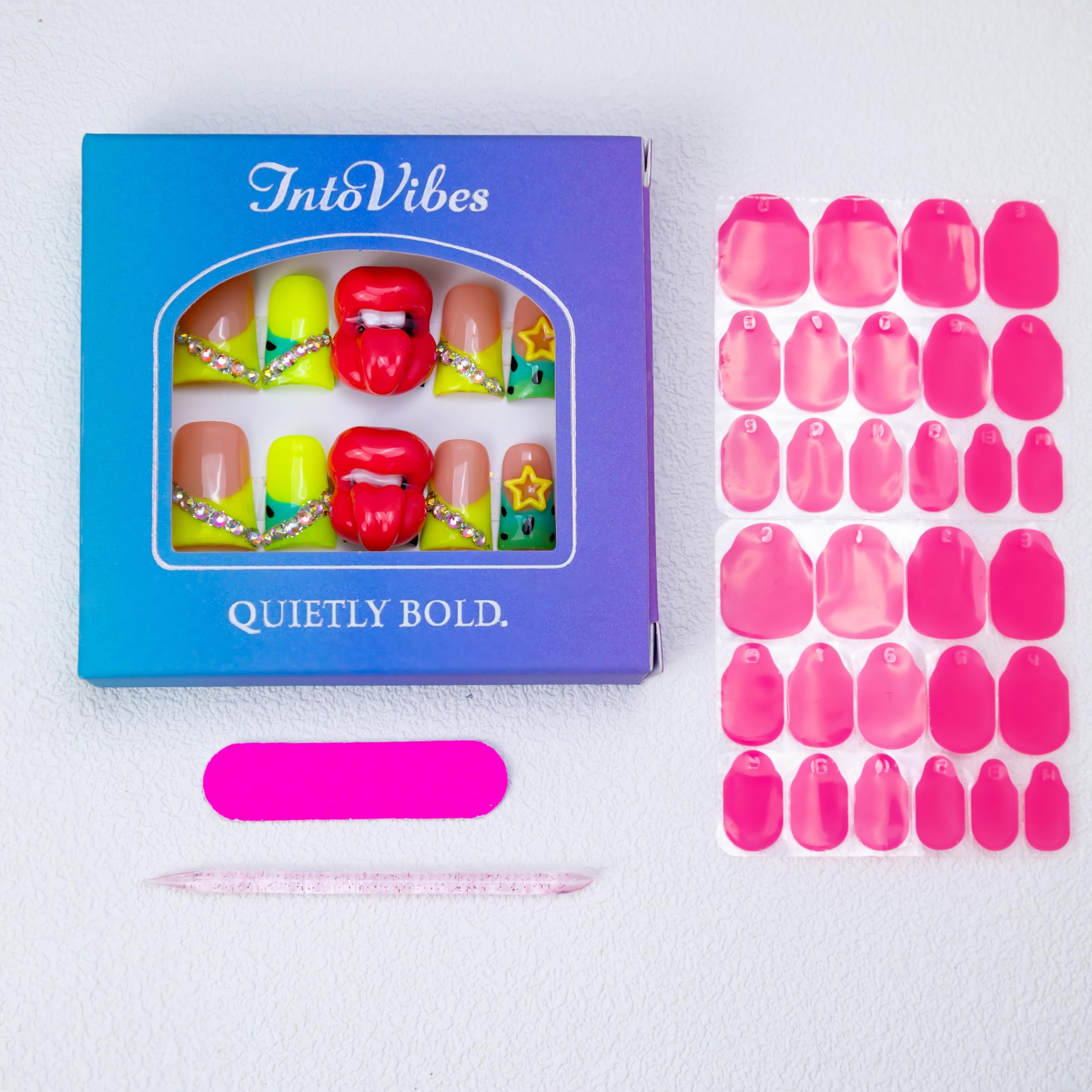 IntoVibes 10-Piece Luxury Acrylic Press-On Nails — Short Duck Shape, Rhinestones, 3D Red Lips, Reusable