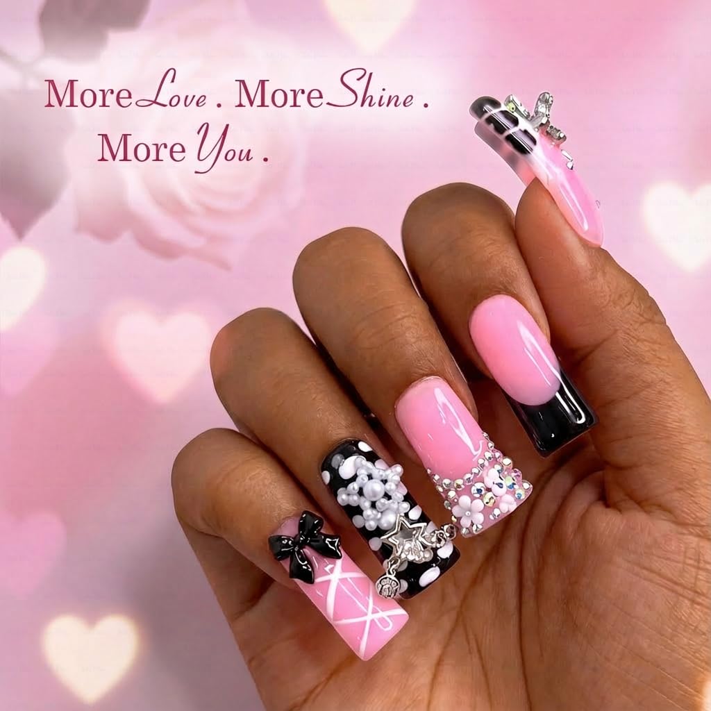 IntoVibes 10-Piece Luxury Acrylic Press On Nails — Long Duck Shape with 3D Bowknot & Stars, Reusable