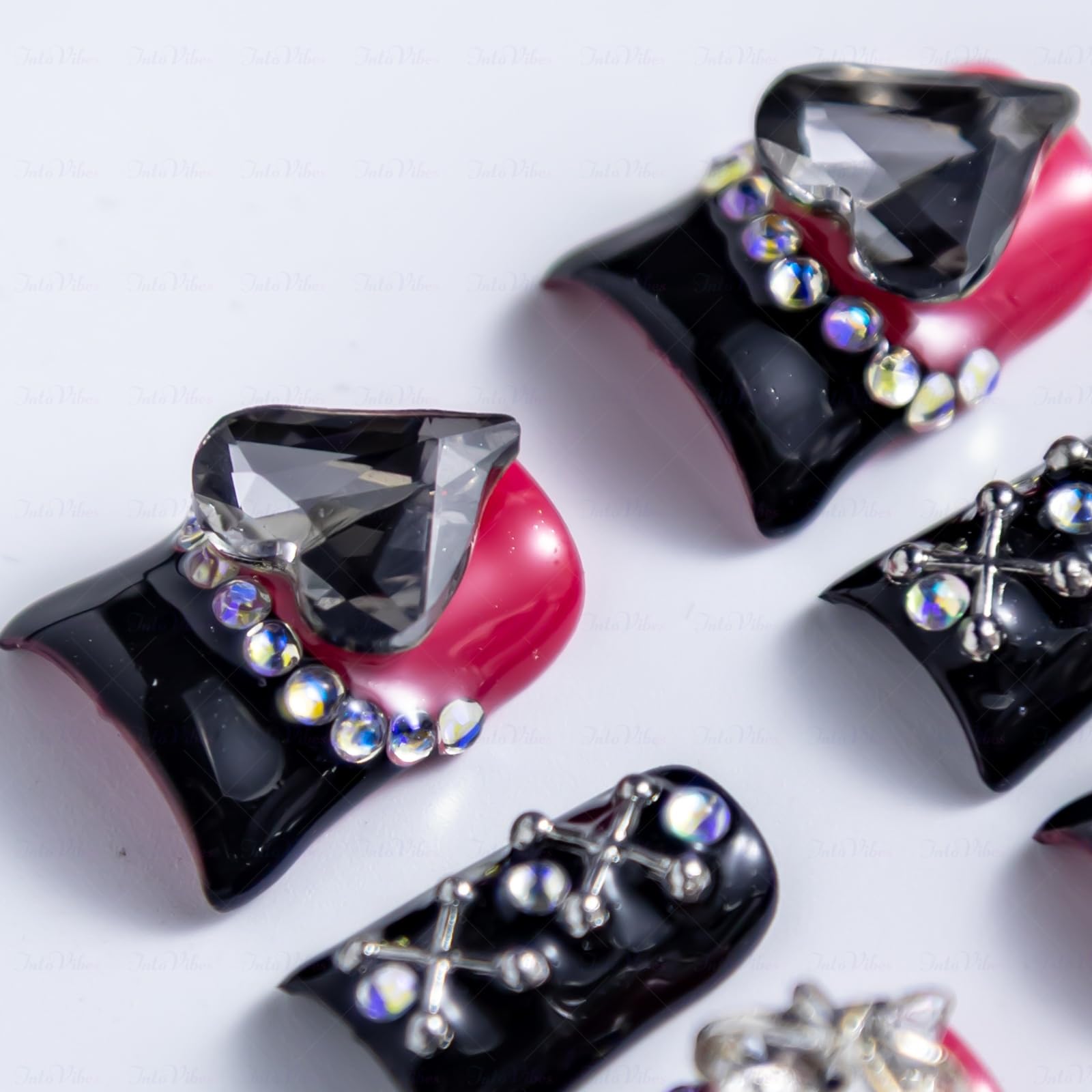 IntoVibes 10-Pcs Luxury Acrylic Press On Nails – Short Duck Shape, Black French, Punk Metal Accents & Reusable Valentine Nails