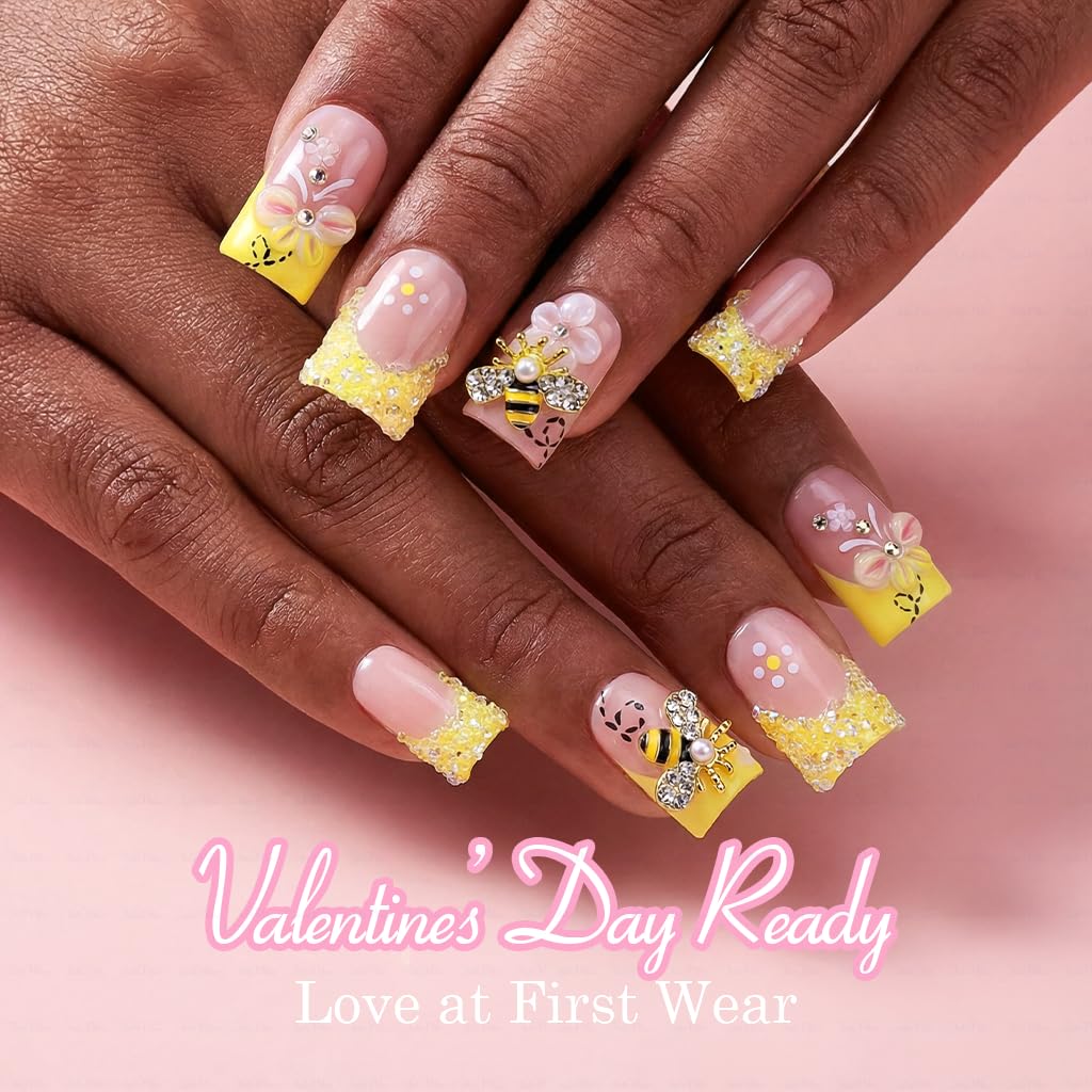 IntoVibes 10-Piece Luxury Acrylic Press On Nails - Short Duck Shape, Butter Yellow, Rhinestones & Floral Bee Charms (L)