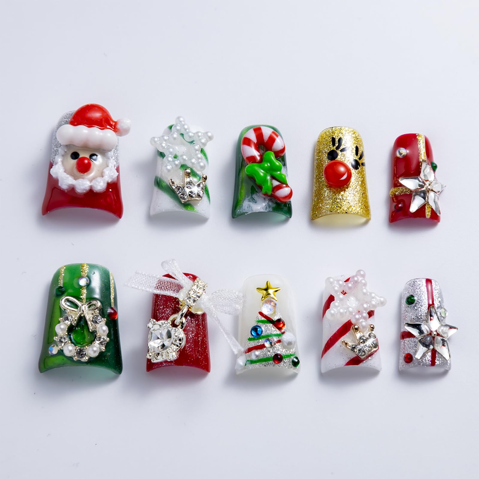 IntoVibes 10-Piece Red & Green Christmas Luxury Acrylic Press-On Nails – Short Duck Shape, Reusable